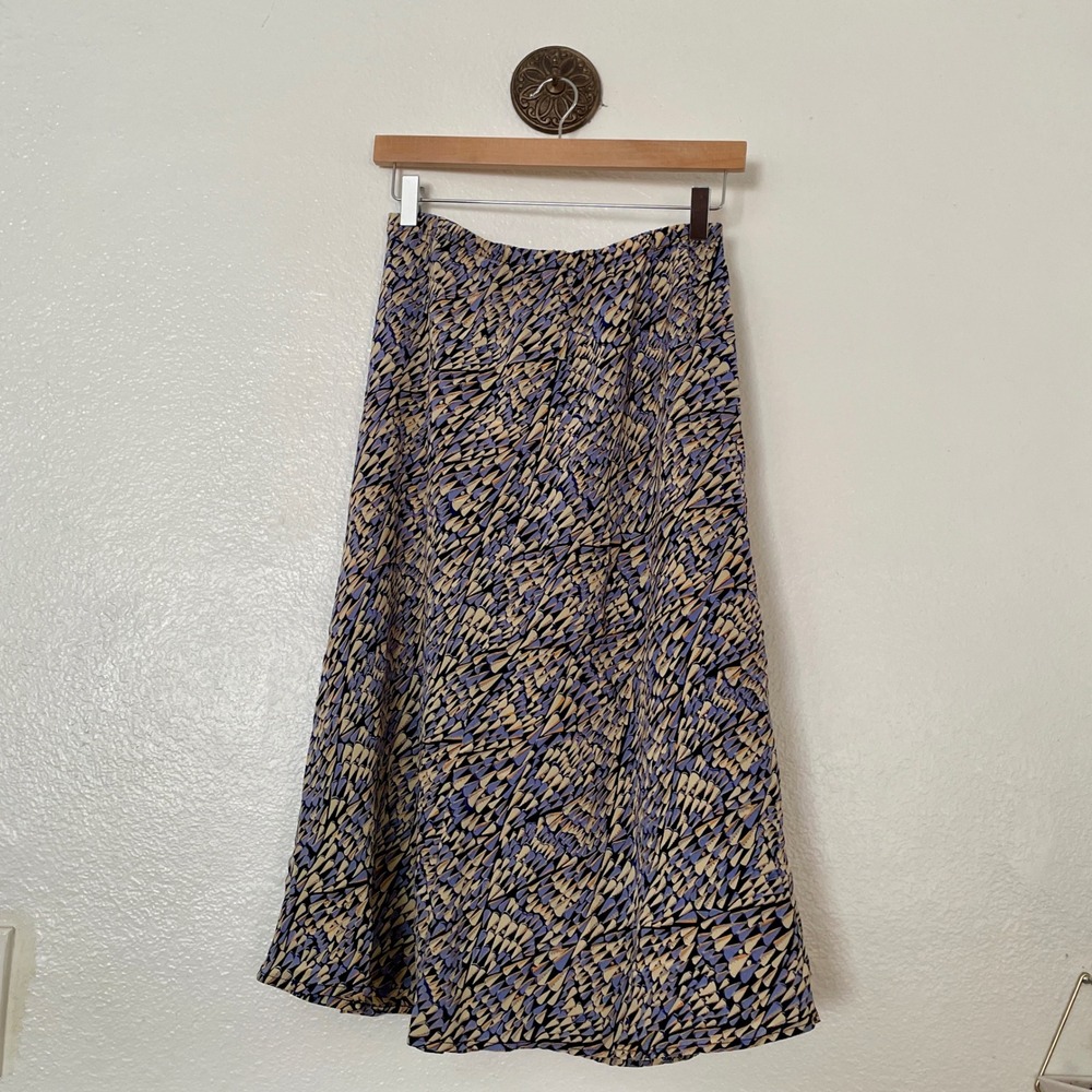 Vintage-Style 100% Silk Abstract Geometric Print Midi Skirt Purple Cream Size 10